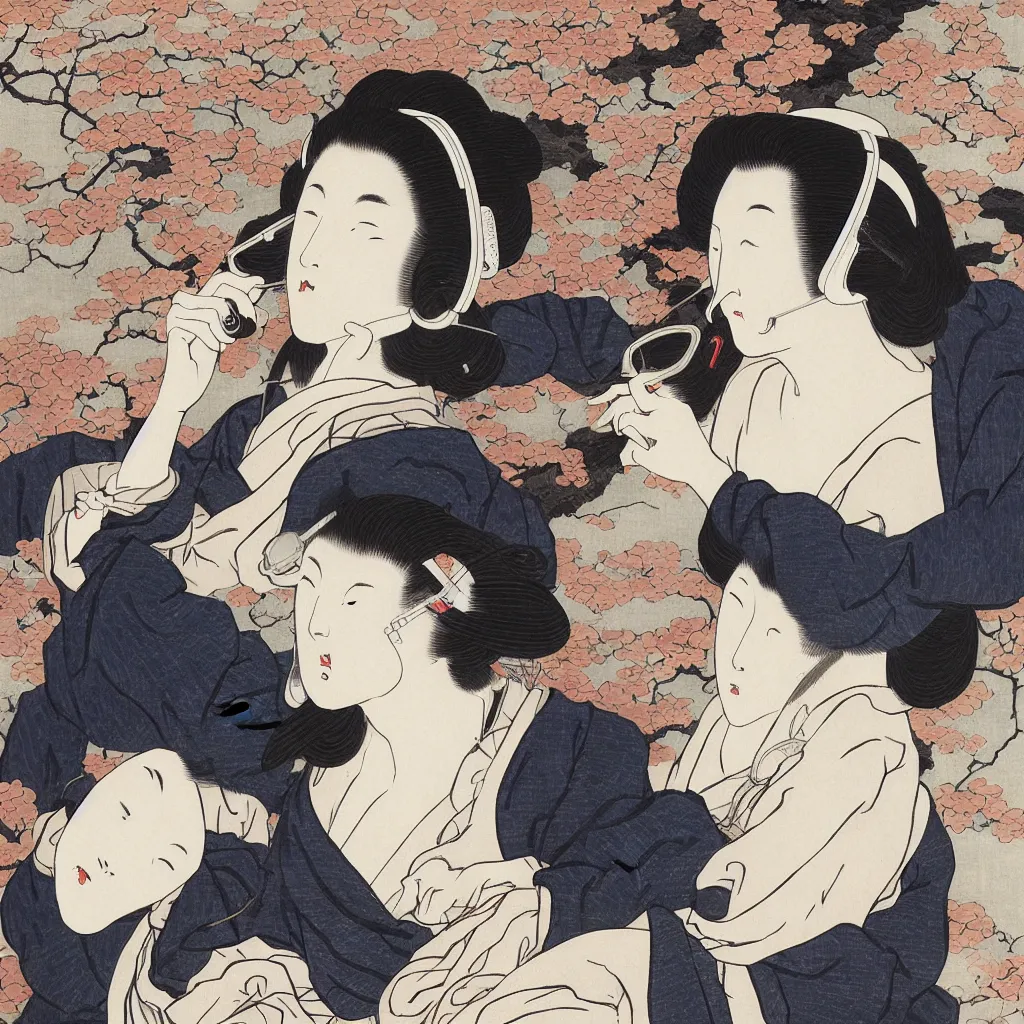 Prompt: i, a beautiful woman wearing headphone and playing iphone, by hokusai