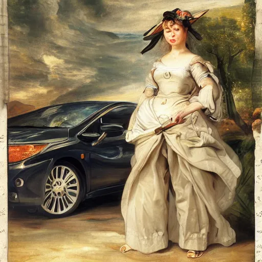 Image similar to heavenly summer sharp land sphere scallop well dressed lady standing next to a honda civic, auslese, by peter paul rubens and eugene delacroix and karol bak, hyperrealism, digital illustration, fauvist, standing next to a honda civic