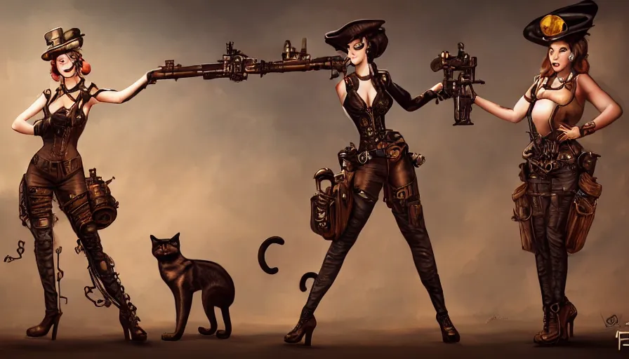 Image similar to steampunk girls with their cats and guns, masterpiece, pinup, highly detailed, digital painting, artstation, concept art, smooth, sharp focus, illustration, Unreal Engine 5, 8K