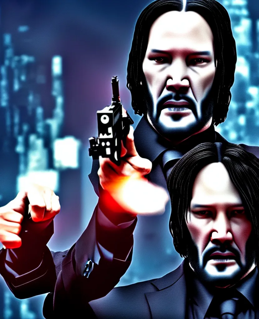 Prompt: individual close portrait photo of a gangster like a fusion between John Wick and Morpheus pointing a gun at the camera, menacingly