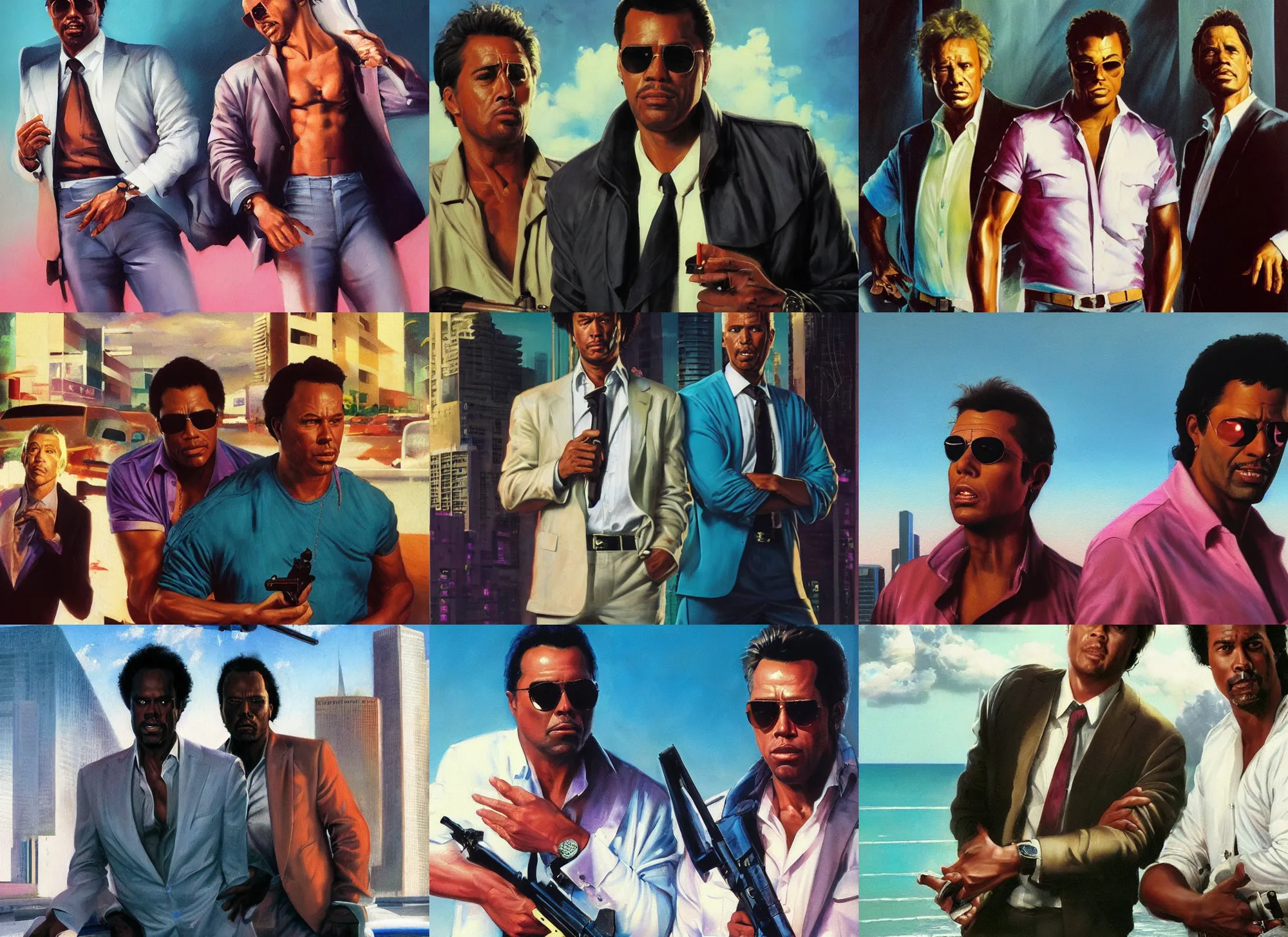 Image similar to an oil painting portrait of crockett and tubbs in eighties miami vice, ultra realistic, highly detailed faces, true to life, masterpiece, cinematic by frank frazetta, greg rutkowski, beeple, yoko taro, christian macnevin, beeple, wlop, krenz cushart, epic fantasy character art, volumetric lighting, cgsociety