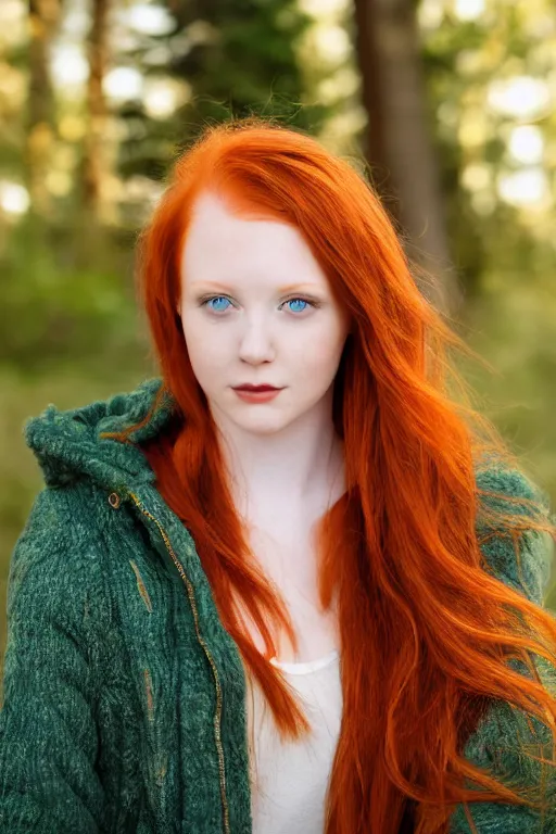 Image similar to a portrait of a redhead beautiful girl, green eyes, highly detailed, 3 5 mm f 1. 4 background silver fir