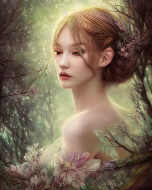 Prompt: beautiful face forest fairy by artgerm in a scenic woods, sweet, graceful wings muted colors, sharp focus, high fantasy art, fairy aesthetics, intricate, elegant, highly detailed, hyperrealistic painting, artstation, concept art, v painterly, dreamy, soft illumination, hasselbrad photography, illustration, art by scot howden