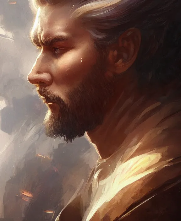 Image similar to portrait close up of guy, concentrated look, symmetry, with an explosion on the back, d & d, fantasy, intricate, elegant, highly detailed, digital painting, artstation, concept art, art by artgerm and greg rutkowski and alphonse mucha, boris vallejo