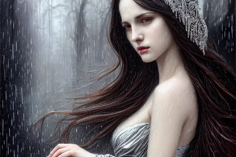 Image similar to highly detailed portrait of a beautiful girl in the rain with wet dark hair and pale skin, ornate elegant silver robes, fantasy, intricate, elegant, dramatic lighting, emotionally evoking symbolic metaphor, highly detailed, lifelike, photorealistic, digital painting, artstation, concept art, smooth, sharp focus, illustration, art by John Collier and Albert Aublet and Krenz Cushart and Artem Demura and Alphonse Mucha