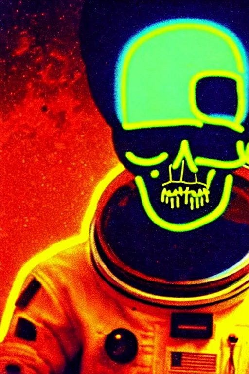 Image similar to astronaut with neon glowing skull 1 9 6 0 s color _ bleed _ video compression video glitch vhs footage akira kurosawa mamoru oshii wes anderson