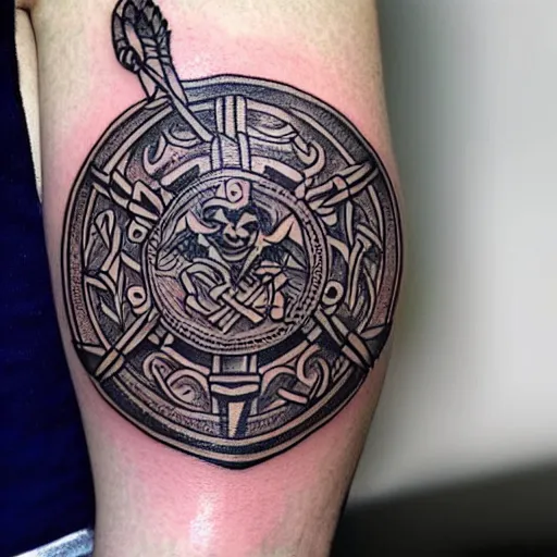 Prompt: simple tattoo of a viking holding a shield by sailor jerry