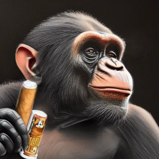 Image similar to a high detail photo of an antropomorphic chimp wearing a suit smoking a cigarrette, subject= chimp, subject detail: wearing a suit, subject action: smoking a cigar, photorealism, dramatic lighting, award winning photograph, trending on artstation