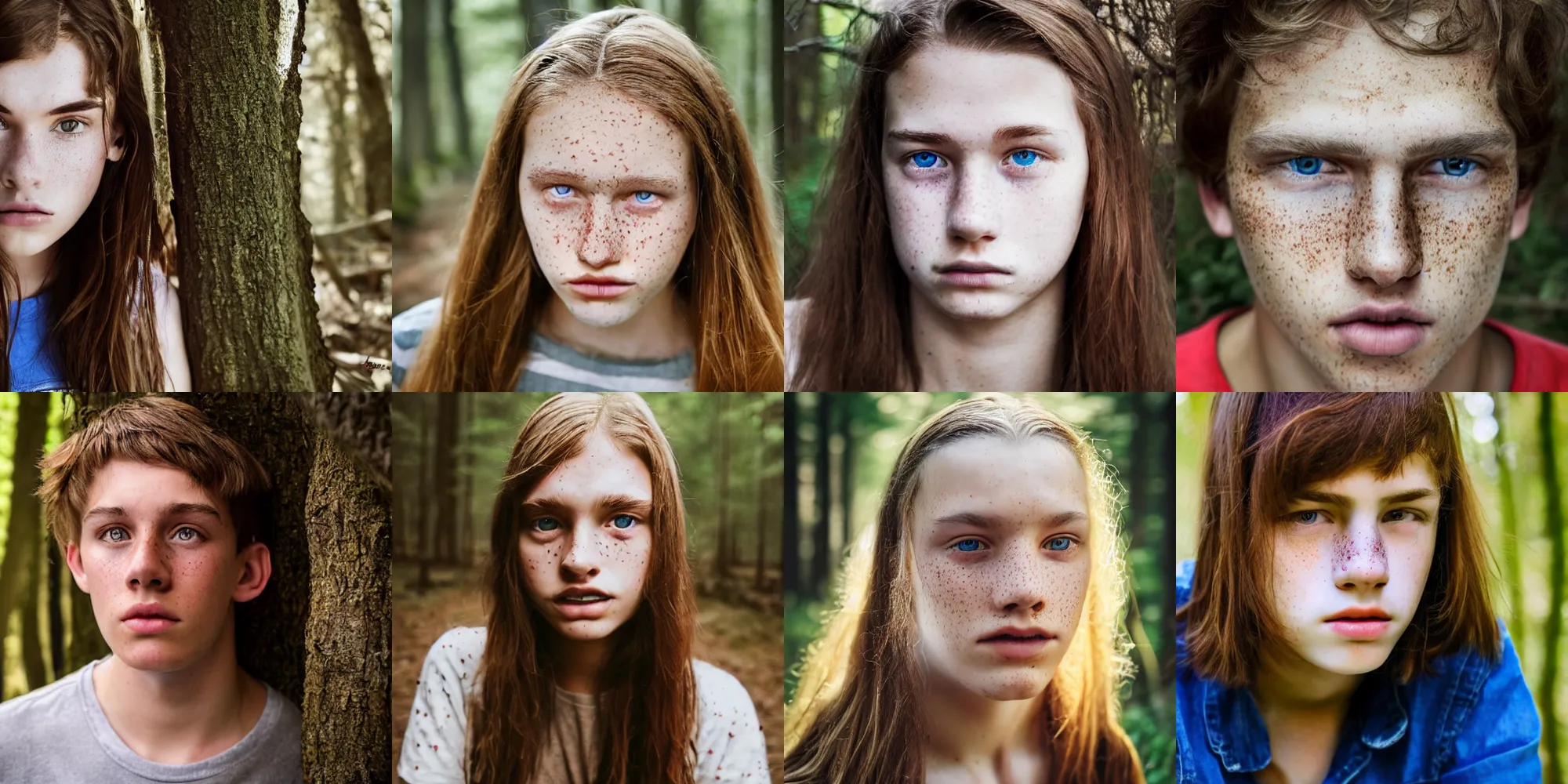 Prompt: portrait, teenager, slight freckles, brown hair, thin eyebrows, eyes, red shirt, blue jeans, walking in forest, detailed face, realistic photo.