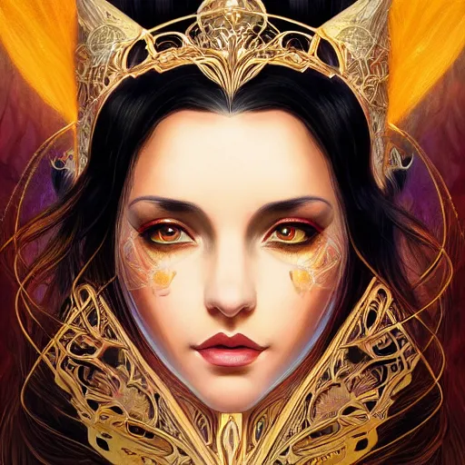 Image similar to head-on centered painted portrait, mage queen , voluminous black hair, art nouveau, fractal tarot card style, masterpiece, fantasy, intricate, elegant, highly detailed, smooth, sharp focus, illustration, artstation, in the style of Artgerm and Anna Podedworna and Alex Ross and Mucha