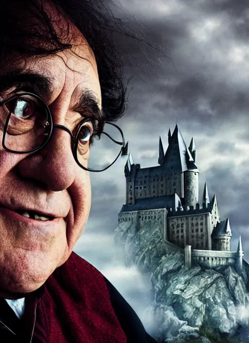 Prompt: Dramatic portrait photo of Danny Devito as Harry Potter, wizard, cracked castle in background, dramatic lighting, promotional image, concept art, smooth, sharp focus, art by artgerm