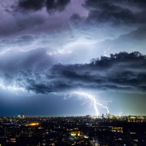 Prompt: hyperrealistic thunderstorm over a glowing city at night, 4 k realistic detailed, 8 k