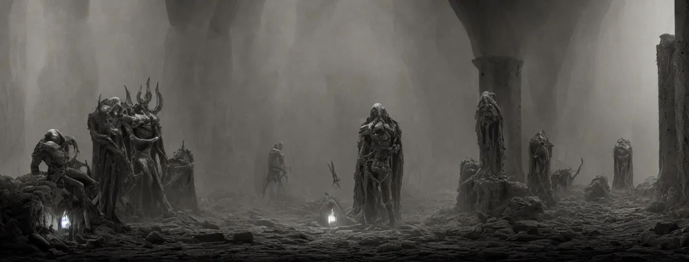 Prompt: dark fantasy catacombs, inside the infernal hall, undead demon guard figures, ethereal, ominous, dramatic cinematic lighting, volumetric 8 k, cryengine, by h. r. giger and zdizslaw beksinski, elden ring