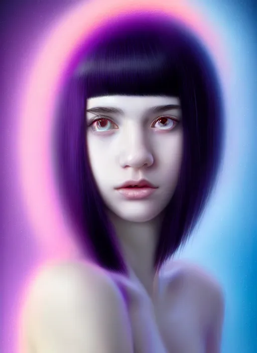 Image similar to portrait of teenage girl with white bangs, red irises, black hair, purple clothes, white bangs, bangs are different color from hair, intricate, front of hair is white rest is black, elegant, glowing lights, highly detailed, digital painting, artstation, concept art, smooth, sharp focus, illustration, art by wlop, mars ravelo and greg rutkowski