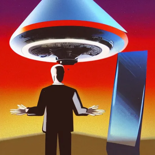 Image similar to Red-Square-Shaped UFO Spaceship Above a Man standing