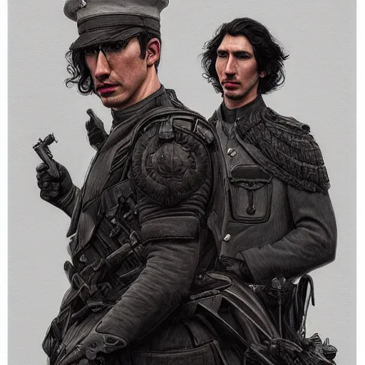 Image similar to portrait of a stoic looking john oliver and adam driver, full body, military uniform, fantasy, intricate, elegant, beautiful, highly detailed, charcoal, centered, dark, smokey, digital painting, artstation, concept art, smooth, sharp focus, illustration, art by artgerm and greg rutkowski and alphonse mucha