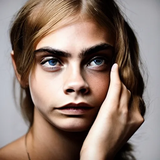 Prompt: photo of a gorgeous 20-year-old Cara Delevingne 1975 hairstyle by Mario Testino, detailed, head shot, award winning, Sony a7R -