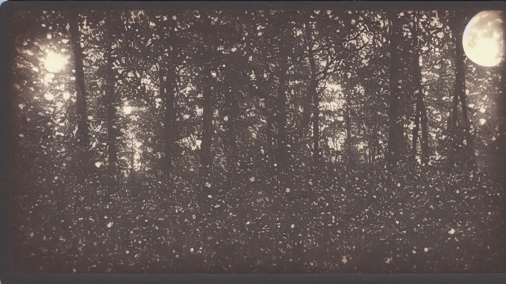 Prompt: (psychedelic) polaroid of a mystical night sky with a huge moon, A glimpse through a small gap in the foliage and overgrowth and the trees of the huge gibbous moon in a dark sky, wreathed in red smoke, starlight, night-time, dark enclosed, cozy, quiet forest night scene, spangled