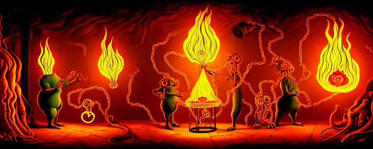 Image similar to uncanny alchemist chthonic creatures inside a fiery alchemical lab within the left ventricle of a human heart, dramatic lighting, surreal 1 9 3 0 s fleischer cartoon characters, surreal painting by ronny khalil