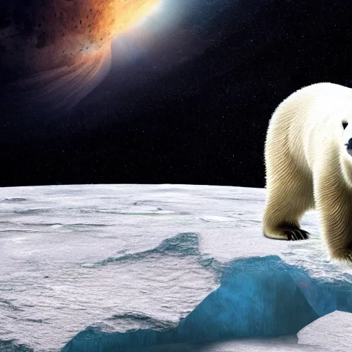Image similar to polar bear on iceberg in mars, outer space drinking beer, planet mars, photorealistic, high resolution,, trending on deviantart, hdr, hyper detailed, insane details, intricate, elite, ornate, dramatic lighting