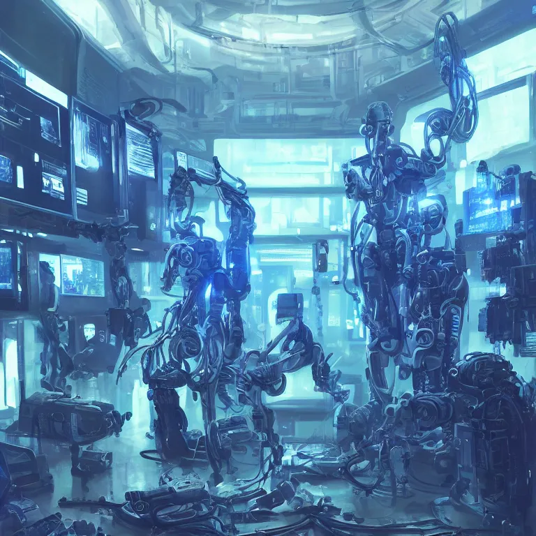 Prompt: hyperrealistic and beautiful painting of cybernetic humans in a technological and gritty room, technological lights, screens, cyberpunk style, 8 k resolution, by hugh ferris and john smith, polished, fine detail, intricate, blue color scheme, cyberpunk style, smooth, octane, concept art, trending on artstation