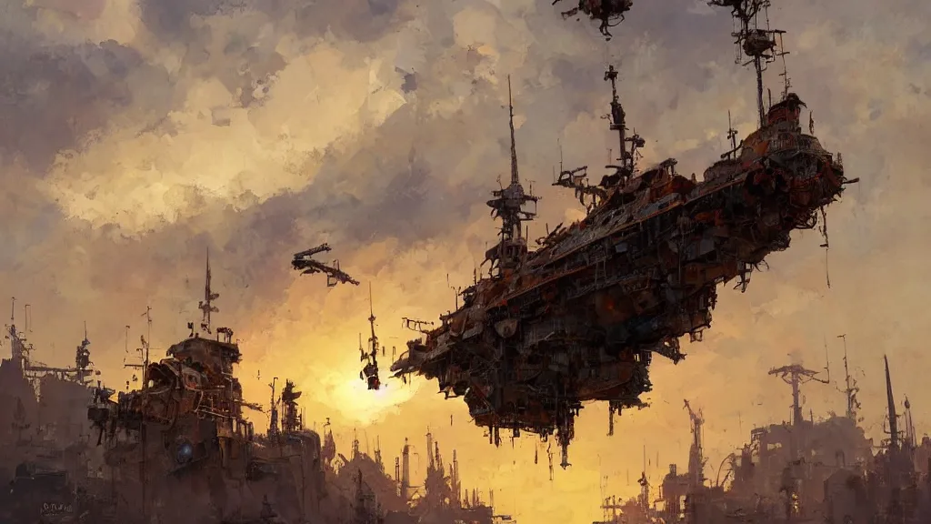 Prompt: A flying rusty ship in the evening sky, intricate, detailed, oil on canvas, concept art, by Ian McQue