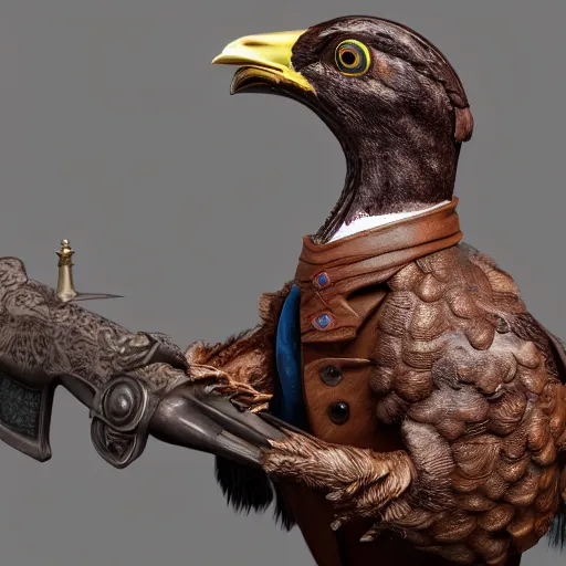 Image similar to a 3 d model of a grouse holding a blunderbuss, studio lighting, octane render, hyper detailed, product photography, 8 k, highly detailed