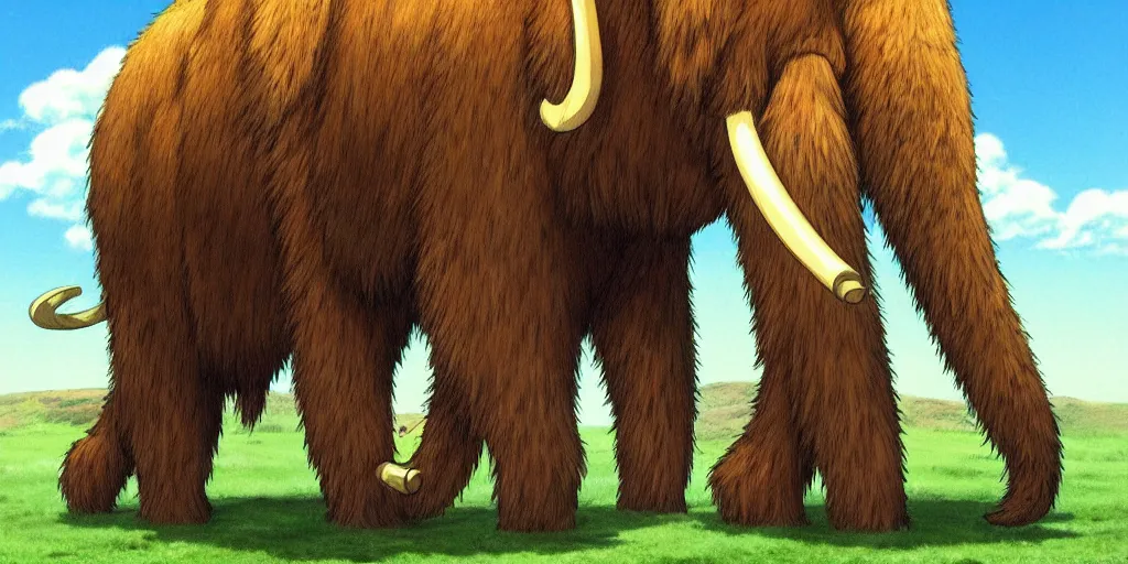 Image similar to a realistic cell - shaded studio ghibli concept art from paprika ( 2 0 0 6 ) of a giant wooly mammoth. very dull colors, wide shot, hd, 4 k, hq