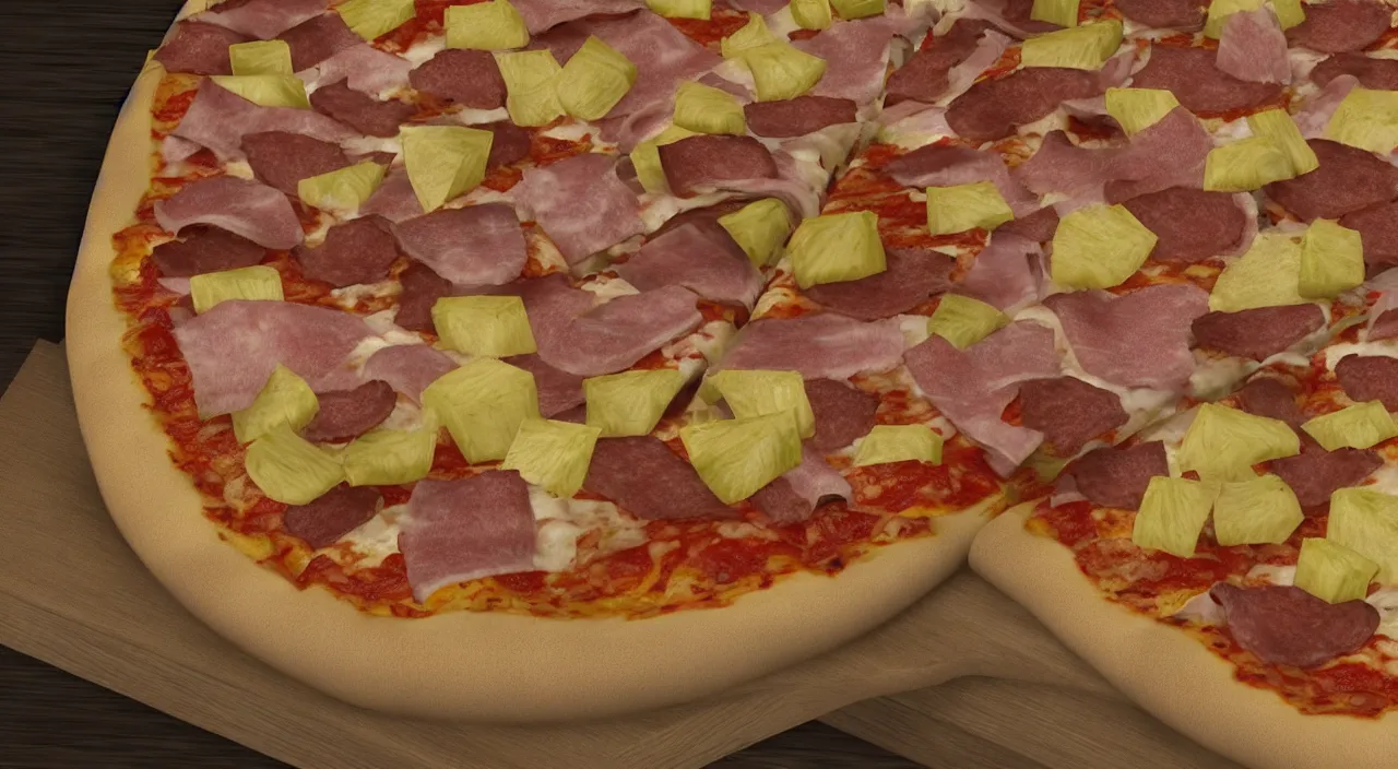 Prompt: one round tasty pizza with pineapple and ham, made in italy, ultra realistic, artstation