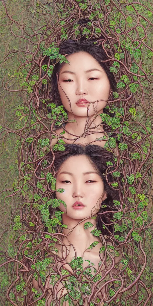 Prompt: very beautiful highly detailed and expressive oil painting of an asian woman's face dissolving into vines and plants by james jean, by kim jung gi, masterpiece, dynamic lighting, intricate linework, 8 k, flowers