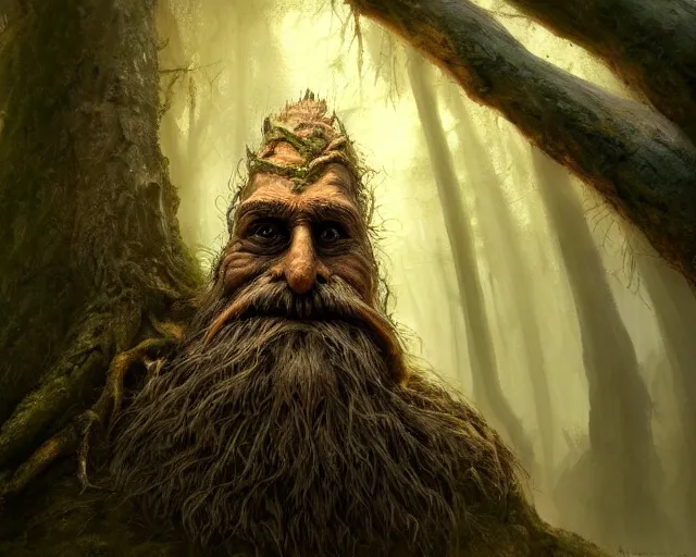 Image similar to a talking tree, a face in the bark, nose made of wood, eyes in the bark, fantasy concept art, big moustache, digital painting, oil painting, hyperrealistic, beautiful, treebeard, ent, magical, highly detailed, soft lighting, golden sunlight, very detailed eyes, artstation, cgsociety, in the forest, by alan lee, by artgerm