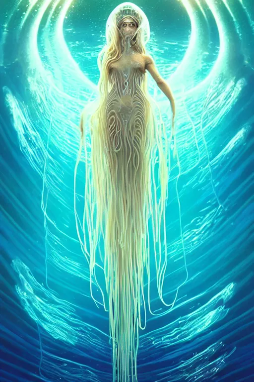 Prompt: beautiful spaghetti jellyfish goddess underwater, ethereal art deco, fantasy, intricate art deco ocean designs, elegant, highly detailed female, sharp focus, art by artgerm and beeple and greg rutkowski and wlop