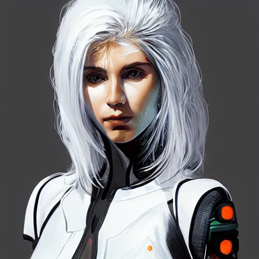 Image similar to beautiful white haired woman dressed in see through space suit, the cyberpunk sci - fi art of mario feng artstation highly detailed, smooth, sharp focus