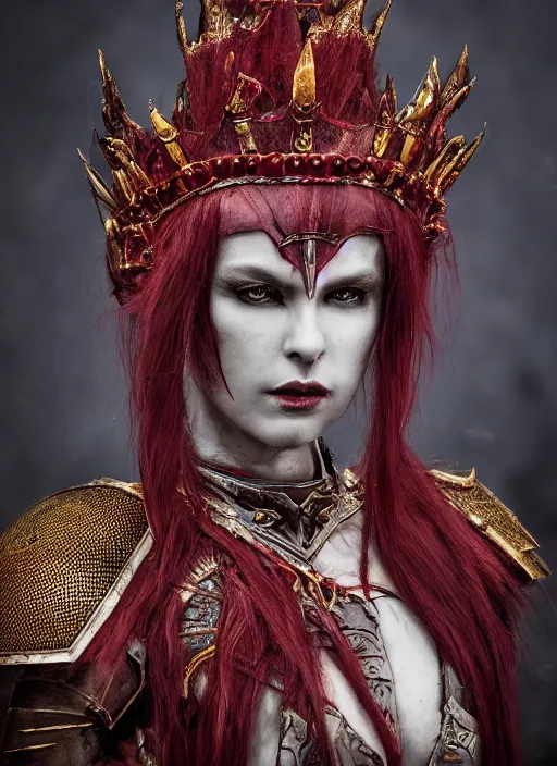 Image similar to the blood crown queen wear the scarlet armor, cinematic lighting, various refining methods, micro macro autofocus, ultra definition, award winning photo