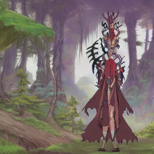 Image similar to concept art painting of an anthropomorphic dragon king with robes, a long neck, and horned skull mask, in a deep forest, cel shaded, in the style of makoto shinkai and james gurney and studio ghibli and moebius