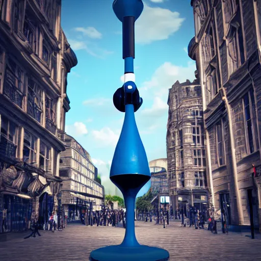 Image similar to a giant statue of a plunger in the center of london. futuristic. blue blurry background. highly detailed, intricate steampunk ornate, poetic, 3 d render, digital art, octane render, 8 k artistic photography, photorealistic.