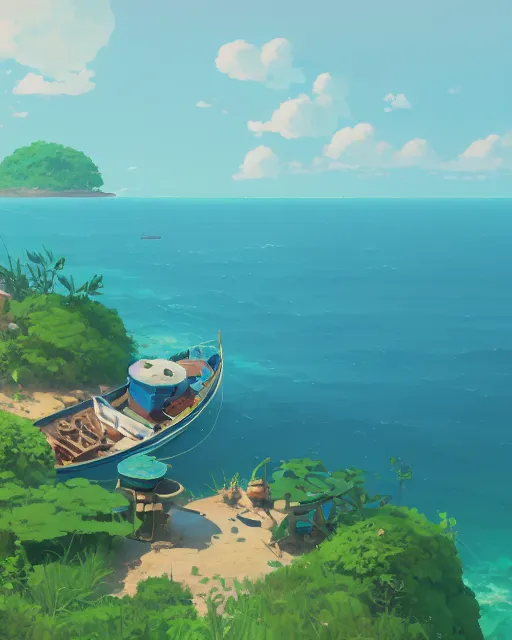 Image similar to small fishing boats around turtle shaped island, lush vegetation, azure water, glowing light, cory loftis, james gilleard, atey ghailan, makoto shinkai, goro fujita, studio ghibli, rim light, exquisite lighting, clear focus, very coherent, plain background, soft painting