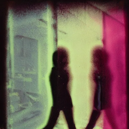 Image similar to Polaroid of LSD DREAM SIMULATOR, silhouettes, threes, rain, reflection, double exposure, dramatic low-key neon lighting, light painting