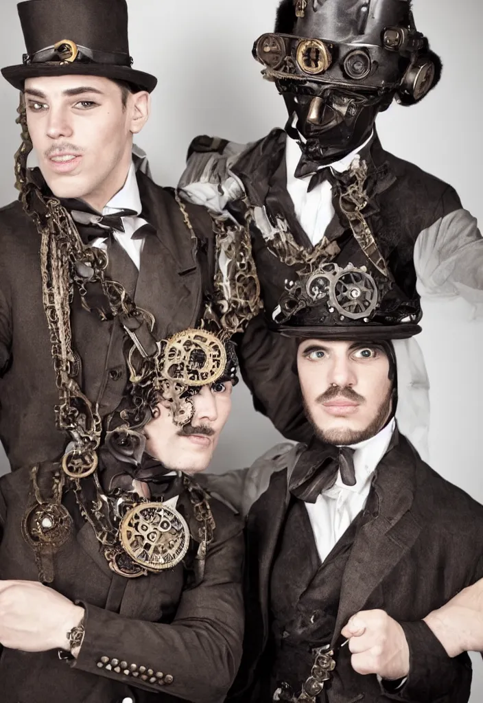 Image similar to two handsome men looking each other with steampunk suit photographed by bruce labruce