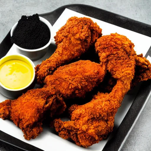 Prompt: pure black colored fried chicken colored black