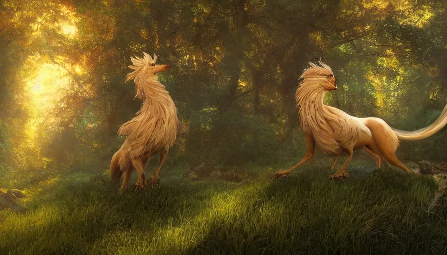 Prompt: A beautiful painting of a griffin in a magical forest, ray traced sun light, by john sargent and Kalin Popov , Trending on artstation HD.