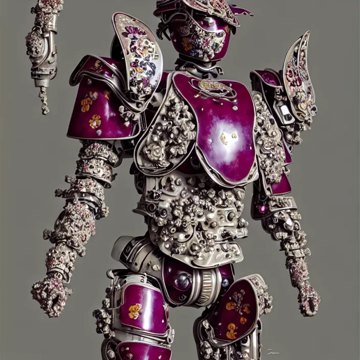 Image similar to ceramic cyborg, Kakiemon design armor with plums and stylized flowers in glaze and gilding, diffuse lighting, fantasy, intricate, elegant, highly detailed, lifelike, photorealistic, digital painting, artstation, illustration, concept art, smooth, sharp focus, art by John Collier and Albert Aublet and Krenz Cushart and Artem Demura and Alphonse Mucha