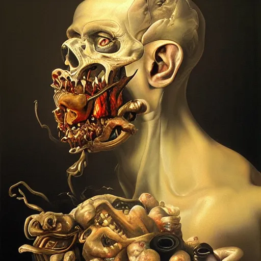 Image similar to refined gorgeous blended oil painting with black background by christian rex van minnen rachel ruysch dali todd schorr of a chiaroscuro portrait of an extremely bizarre disturbing mutated man with shiny skin acne dutch golden age vanitas intense chiaroscuro cast shadows obscuring features dramatic lighting perfect composition masterpiece