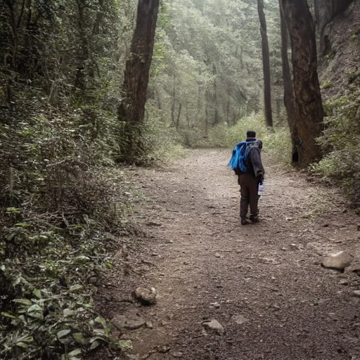 Image similar to photo of scp - 0 9 6, photo shot by tourists, hiking trail, scp - 0 9 6 is a hundred yards away, reduced visibility, overcast, high resolution, shot on nikon d 3 2 0 0