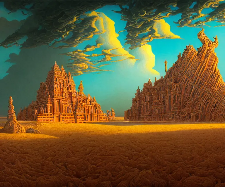 Image similar to hyper detailed 3d render like a Oil painting - ornate temple of the sun, dramatic sky in background, radiant, by Jacek Yerka, Mariusz Lewandowski, Houdini algorithmic generative render, Abstract brush strokes, Masterpiece, Edward Hopper and James Gilleard, Zdzislaw Beksinski, Mark Ryden, Wolfgang Lettl, hints of Yayoi Kasuma, octane render, 8k