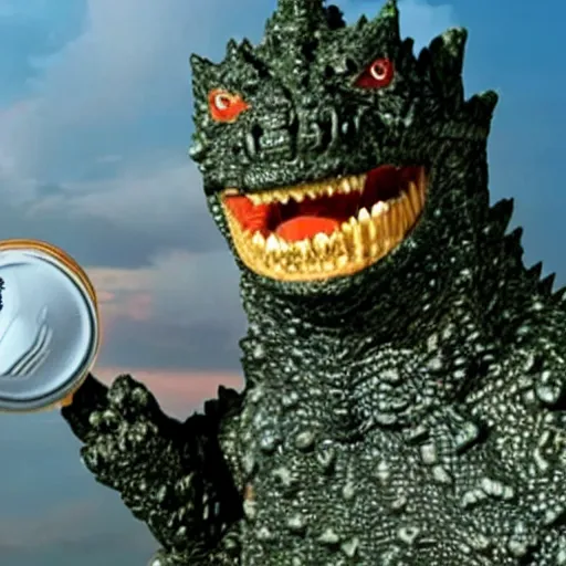 Image similar to godzilla with his hand stuck in a can of pringles