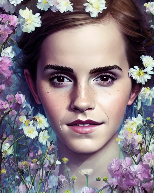 Prompt: portrait of emma watson, surrounded by flowers by karol bak, james jean, tom bagshaw, rococo, sharp focus, trending on artstation, cinematic lighting, hyper realism, octane render, 8 k, hyper detailed.