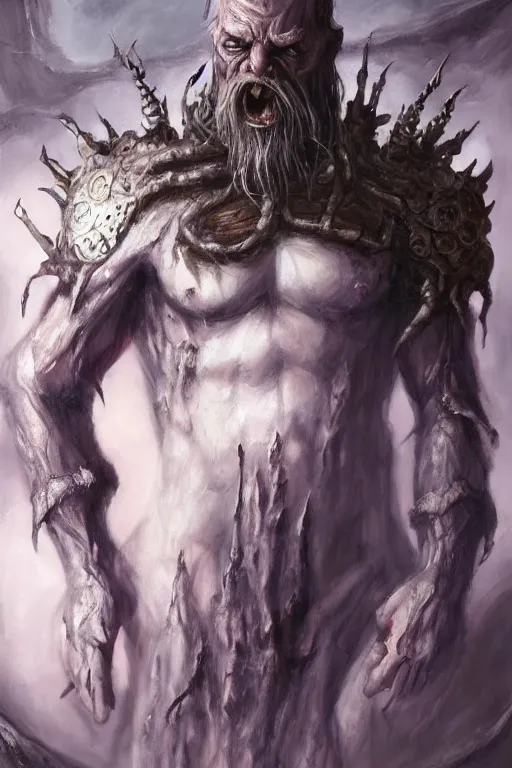 Image similar to a full body high detail fantasy portrait oil painting illustration of the torment nexus which should not be created by justin sweet with face and body clearly visible, insane, realistic proportions, d & d, rpg, forgotten realms, artstation trending, high quality, sombre mood, artstation trending, muted colours, entire person visible!