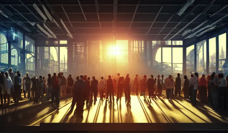 Prompt: crowd of people in simple walled warehouse, looking at hologram of futuristic city on a table, cinematic concept art, godrays, golden hour, natural sunlight, 4 k, clear details, tabletop model buildings, center model buildings, hologram center, crane shot, crane shot, crane shot