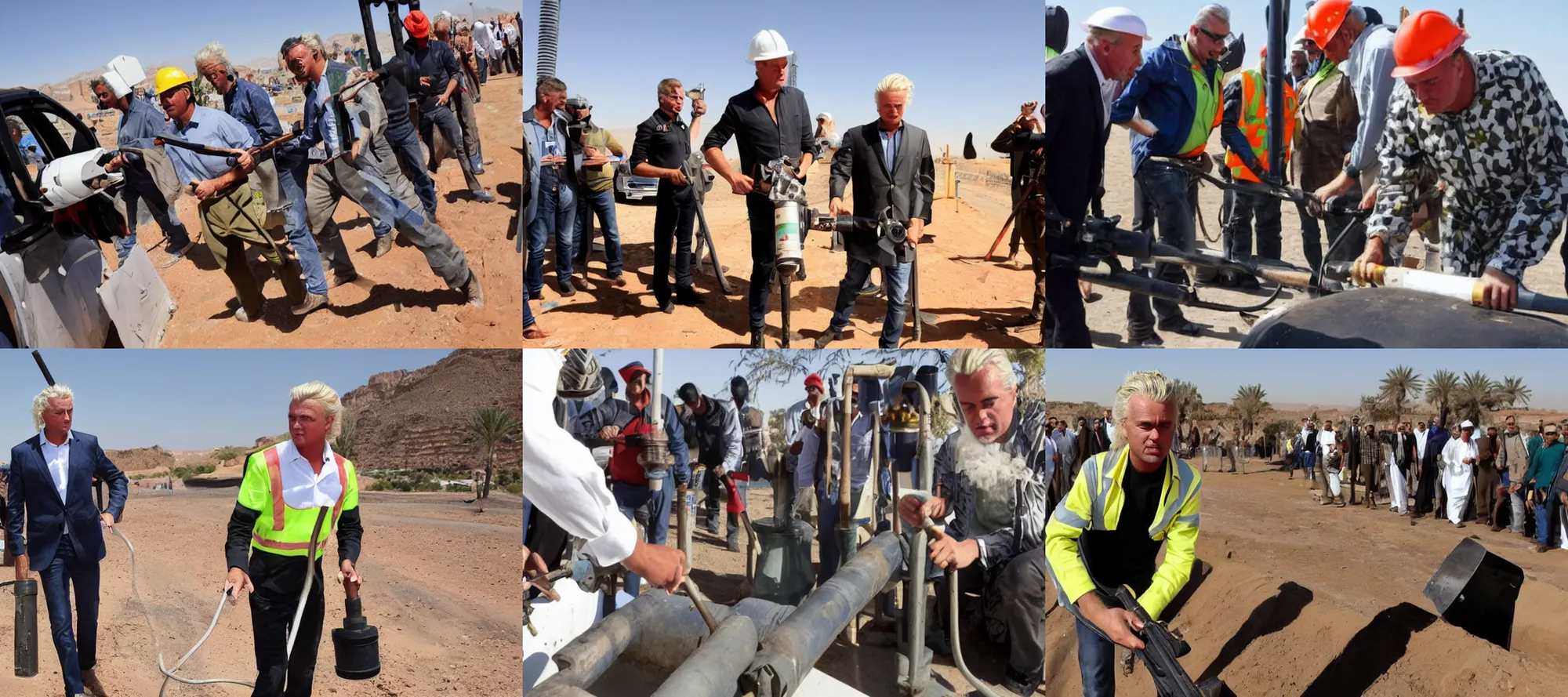 Prompt: Geert Wilders drilling for oil in Morrocco